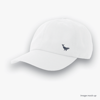 White-coloured Ocean Icons Dad cap with humpback whale embroidery on the side.