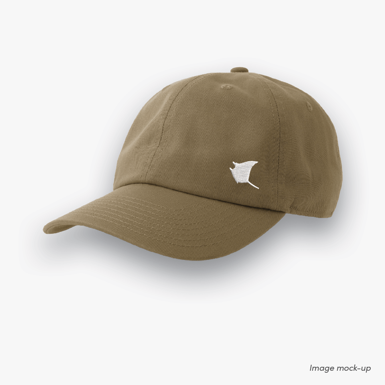 Sand/khaki coloured Ocean Icons Dad cap with humpback manta ray embroidery on the side.