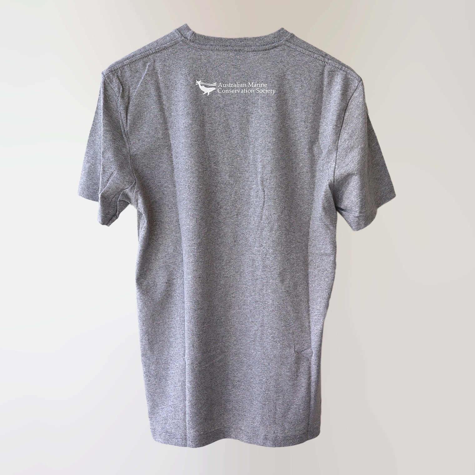 Ocean Love crew neck grey t-shirt (back) with a yellow octopus print, made from recycled materials. 