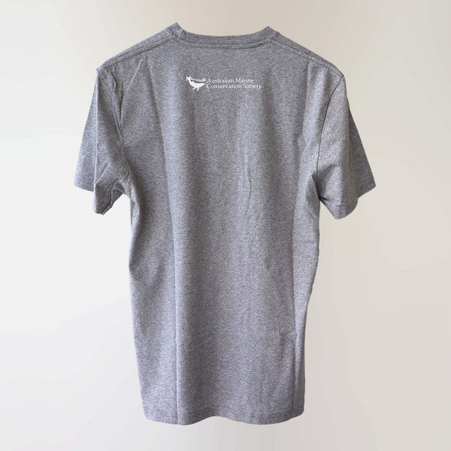 Ocean Love crew neck grey t-shirt (back) with a yellow octopus print, made from recycled materials. 