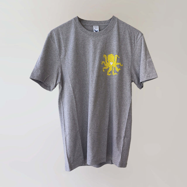 Ocean Love crew neck grey t-shirt (front) with a yellow octopus print, made from recycled materials. 
