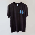 Ocean Love crew neck brown t-shirt (front) with a blue print of a pair of penguins, made from recycled materials.