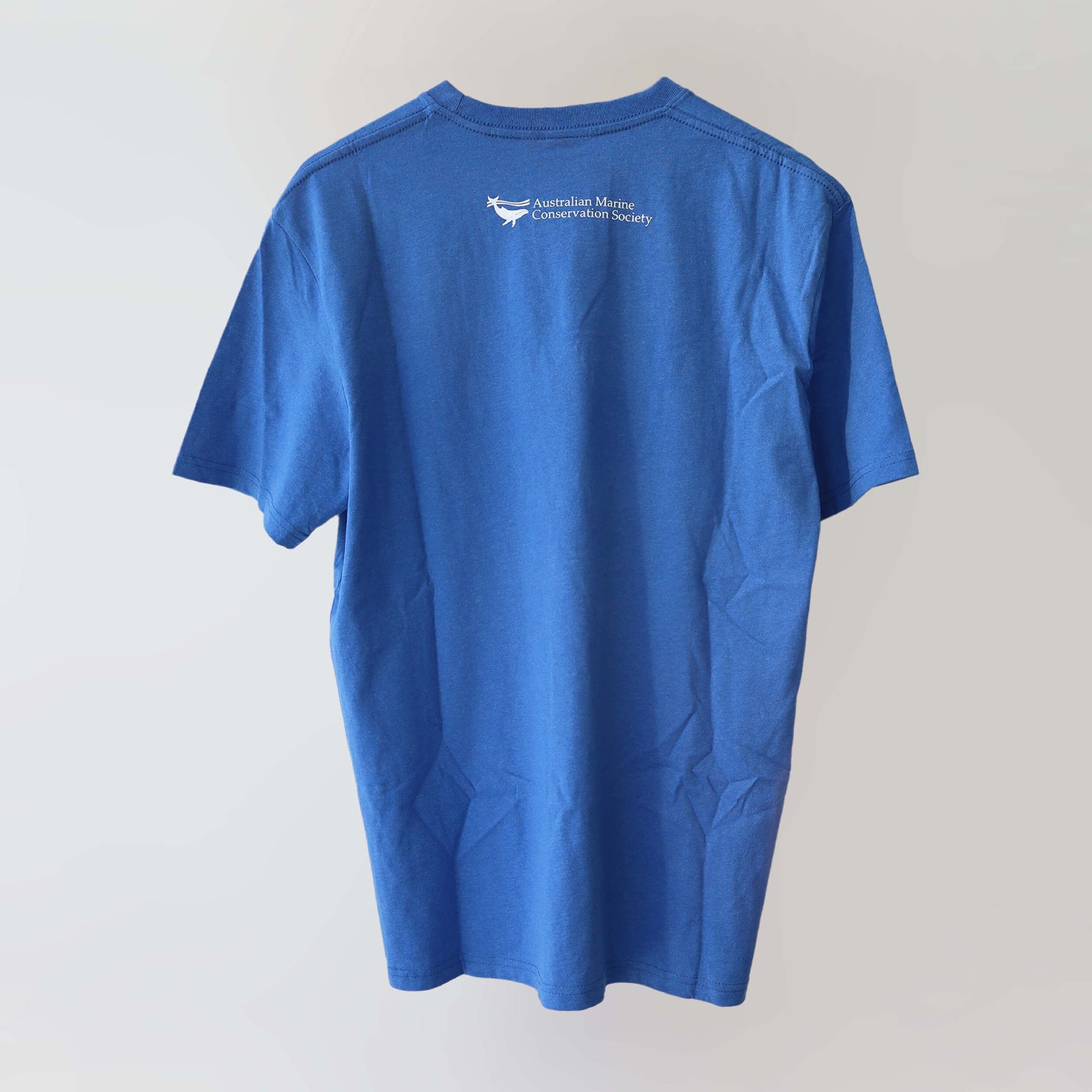 Ocean Love crew neck blue t-shirt (back) with a green sea turtle print, made from recycled materials. 