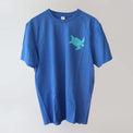 Ocean Love crew neck blue t-shirt (front) with a green sea turtle print, made from recycled materials.