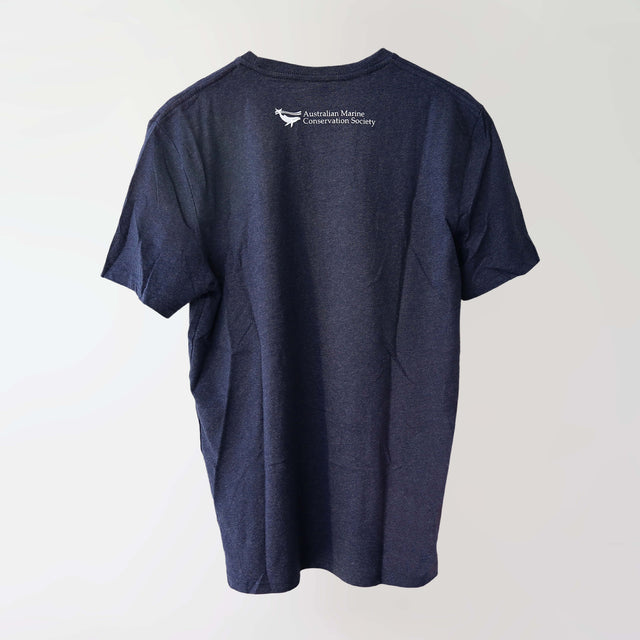 Ocean Love crew neck navy t-shirt (back) with a pink humpback whale print, made from recycled materials. 