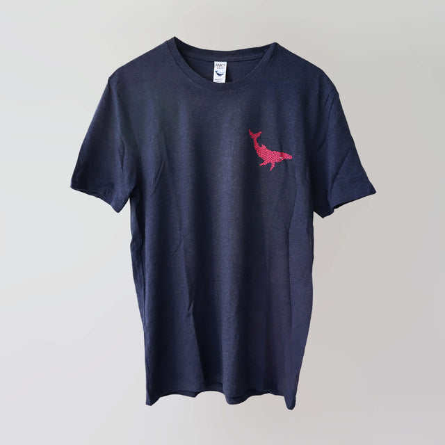 Ocean Love crew neck navy t-shirt (front) with a pink humpback whale print, made from recycled materials. 