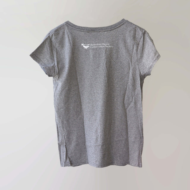 Ocean Love v-neck grey t-shirt (back) with a yellow octopus print, made from recycled materials.