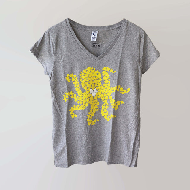 Ocean Love v-neck grey t-shirt (front) with a yellow octopus print, made from recycled materials.