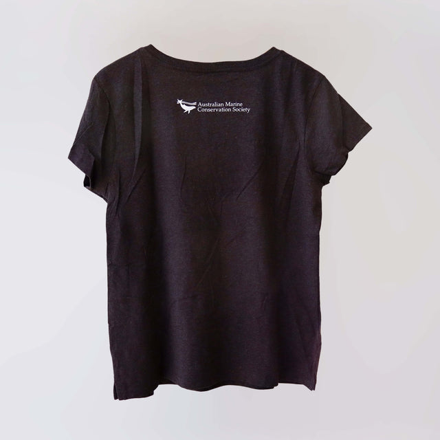 Ocean Love v-neck brown t-shirt (back) with a blue print of a pair of penguins, made from recycled materials. 