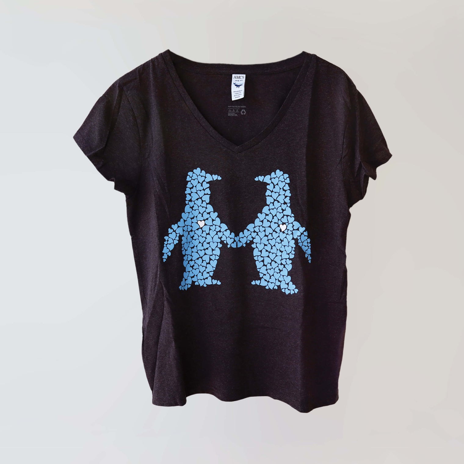 Ocean Love v-neck brown t-shirt (front) with a blue print of a pair of penguins, made from recycled materials. 