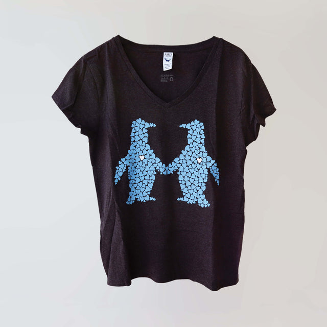 Ocean Love v-neck brown t-shirt (front) with a blue print of a pair of penguins, made from recycled materials. 