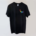 Ocean Love crew neck navy t-shirt (front ) with a rainbow humpback whale print, made from recycled materials.