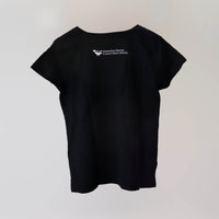 Ocean Love v-neck navy t-shirt (back) with a rainbow humpback whale print, made from recycled materials.