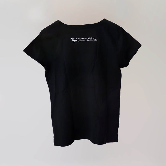 Ocean Love v-neck navy t-shirt (back) with a rainbow humpback whale print, made from recycled materials.