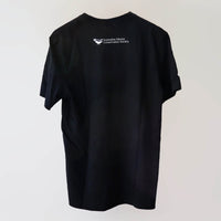 Ocean Love crew neck navy t-shirt (back) with a rainbow humpback whale print, made from recycled materials.