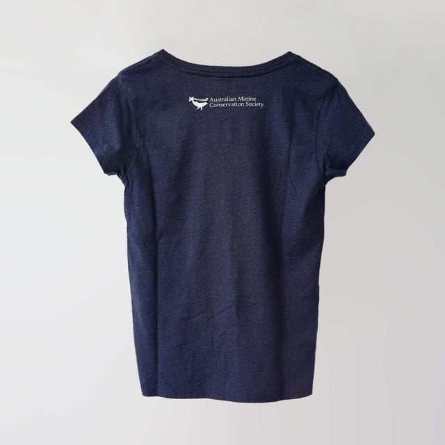 Ocean Love v-neck navy t-shirt (back) with a pink humpback whale print, made from recycled materials.