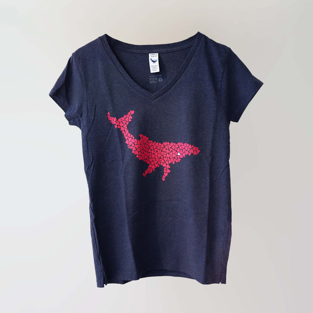 Ocean Love v-neck navy t-shirt (front) with a pink humpback whale print, made from recycled materials.  