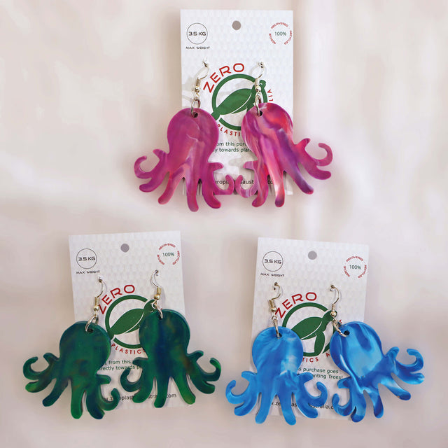 Colourful collection of octopus-shaped dangle earrings, made with recycled plastic milk bottle lids by Zero Plastics Australia.