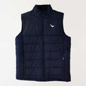 Navy puffer vest embroidered in white with a humpback whale (front).