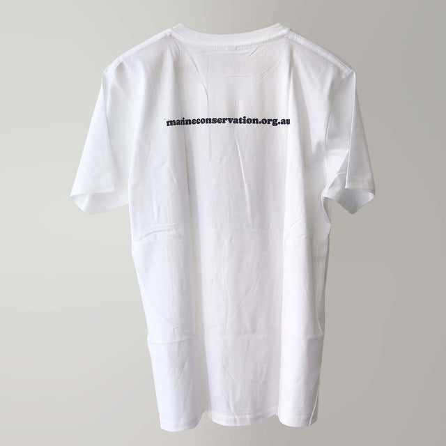 Retro crew neck white t-shirt (back) with our colourful retrospective logo print.