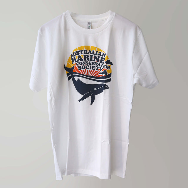 Retro crew neck white t-shirt (front) with our colourful retrospective logo print.