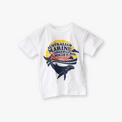 Retro white organic cotton, kids t-shirt with a colourful print of the AMCS retrospective logo. 