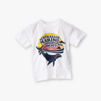 Retro white organic cotton, kids t-shirt with a colourful print of the AMCS retrospective logo. 