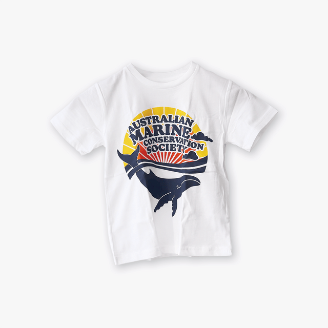 Retro white organic cotton, kids t-shirt with a colourful print of the AMCS retrospective logo. 