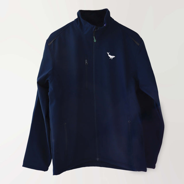 Navy spray jacket embroidered in white with a humpback whale (front).