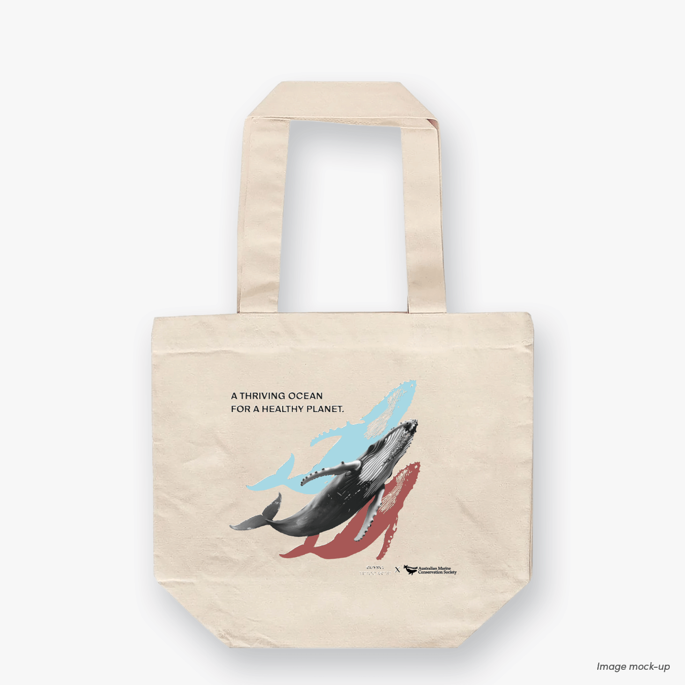 A natural canvas tote bag featuring screen-printed artwork of a humpback whale by Guy Shoval, together with the AMCS vision statement: "A thriving ocean for a healthy planet".  