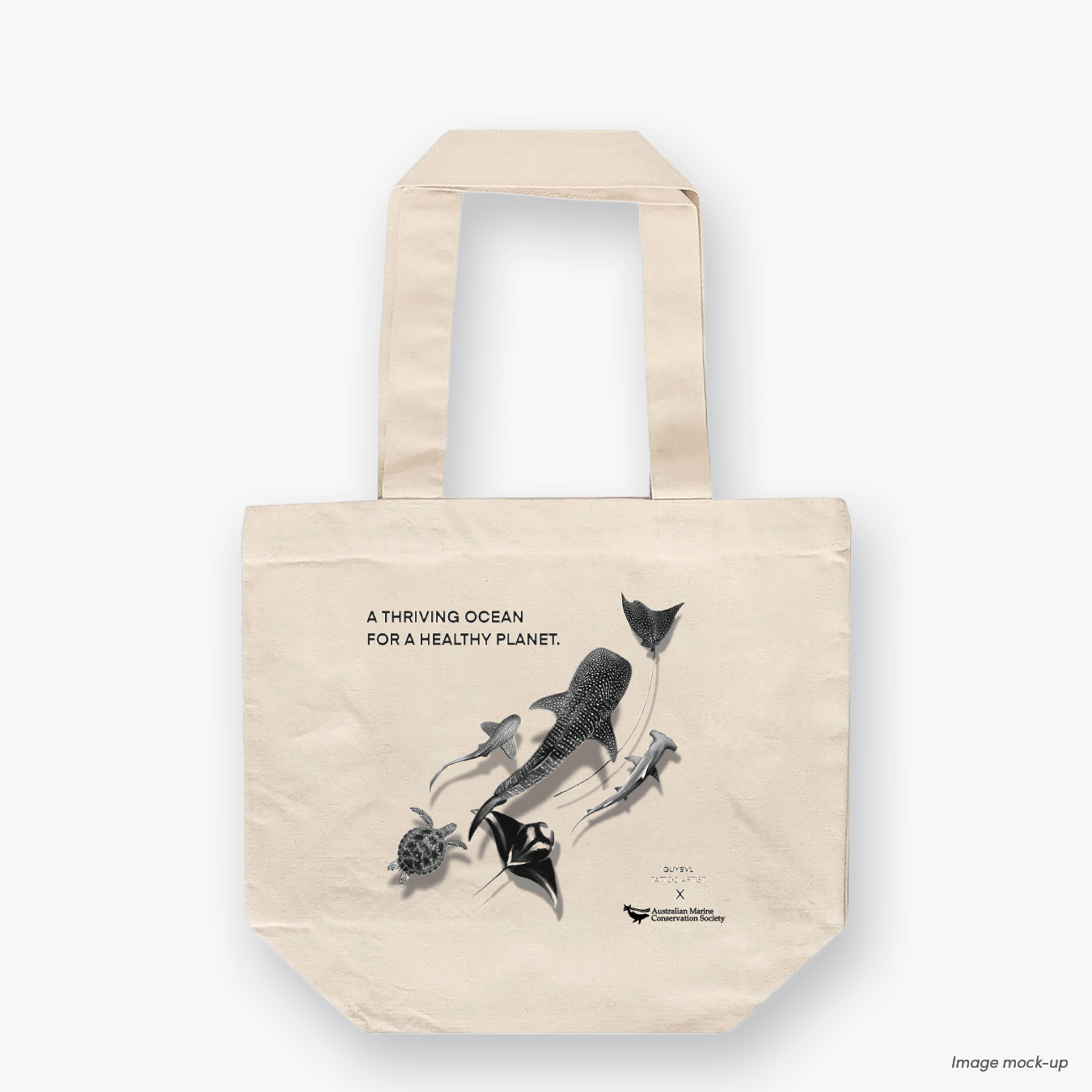 A natural canvas tote bag featuring screen-printed monochrome artwork of marine wildlife by Guy Shoval, together with the AMCS vision statement: "A thriving ocean for a healthy planet".