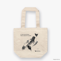 A natural canvas tote bag featuring screen-printed monochrome artwork of marine wildlife by Guy Shoval, together with the AMCS vision statement: "A thriving ocean for a healthy planet".