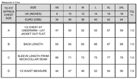 Measurement chart for women's soft shell jacket in inches and centimeters.